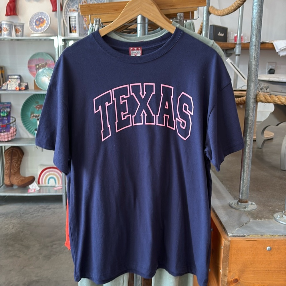 Navy tee with pink Texas letters